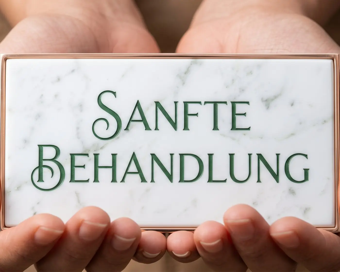 Tafel mit der Aufschrift „Sanfte Behandlung“ in zwei Händen